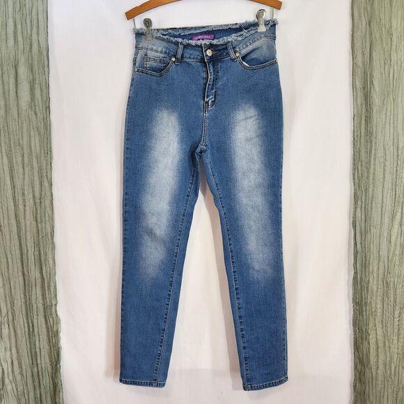 BAMBOO JEANS Blue Distressed Stretch Jeans High Waisted Straight Leg Size 7/8‎ - Picture 1 of 7